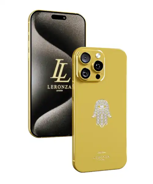 Leronza Luxury Customized Apple iPhone 15 Pro and Pro Max with 18k Solid Gold and Diamond Hamsa blessing Logo
