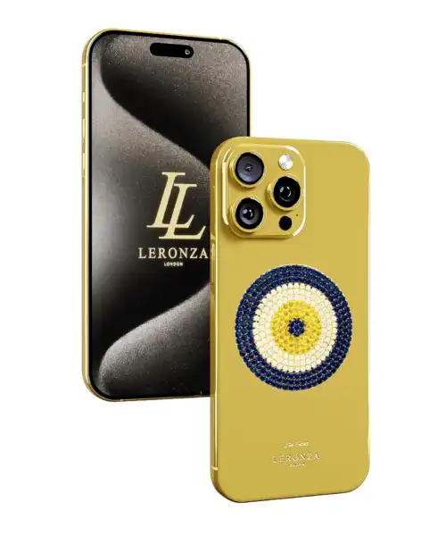 Leronza Luxury iPhone 15 Pro Max in 18k Solid Gold Icon with Swarovski diamonds LuxEvil Charm Logo
