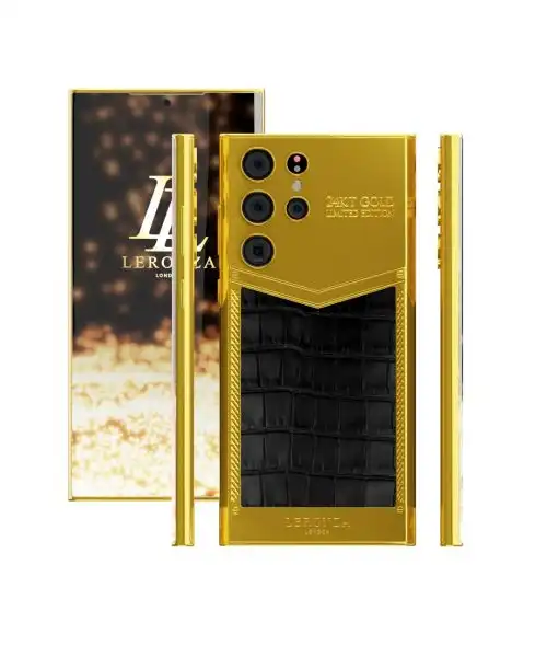 New Leronza Luxury 24k Gold Samsung Galaxy S24 Ultra with Black Leather