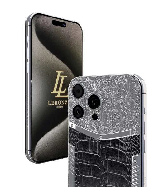 New Leronza Luxury Customized Platinum iPhone 15 Pro Max with Black Crocodile Leather