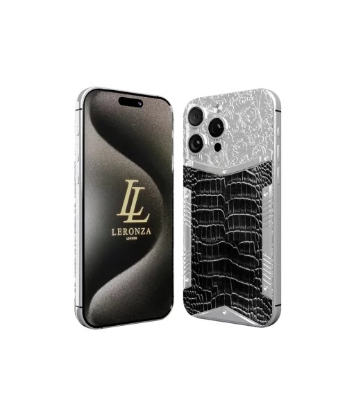 Customized Platinum iPhone 15 Pro Max with Black Crocodile Leather