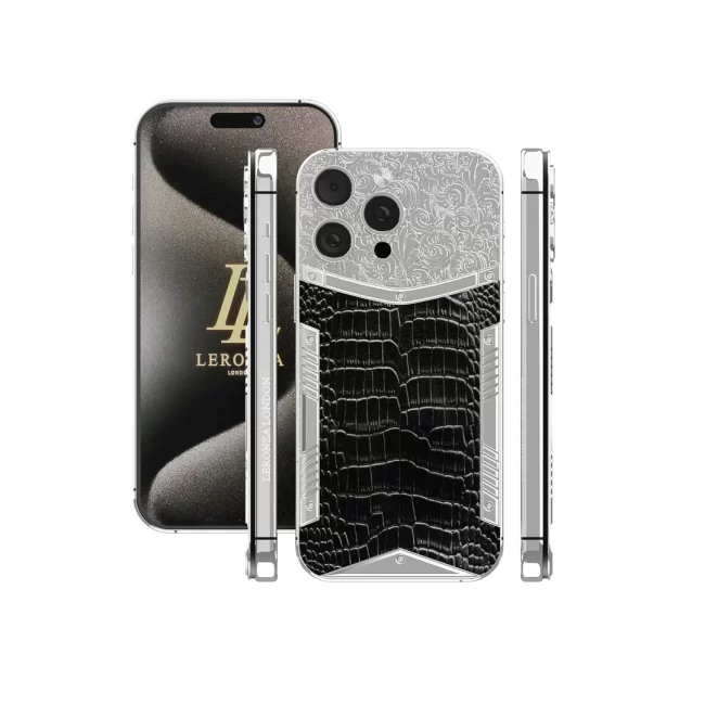 Leronza Luxury Customized Platinum iPhone 15 Pro Max with Black Crocodile Leather