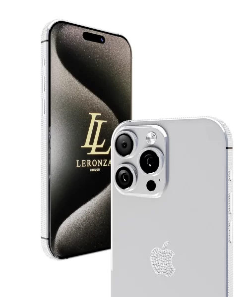 New Leronza Customized Platinum Apple iPhone 15 Pro Max Swarovski logo and frame Edition