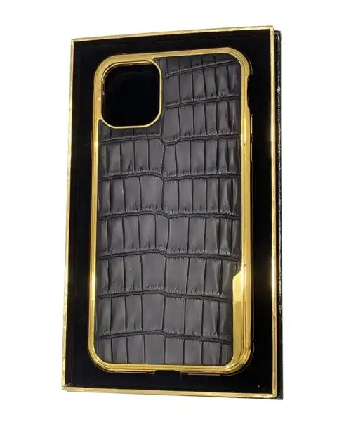 24k Gold iPhone 15 Pro and Max Crocodile Black Leather Casing