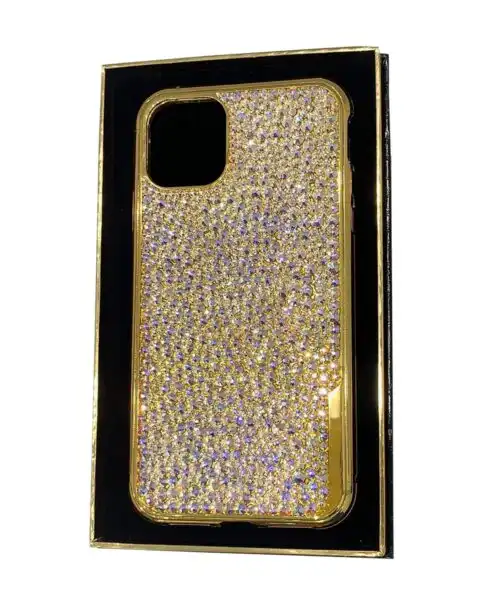 Luxury Gold iPhone 15 Pro and Pro Max Casing with Full White Crystals