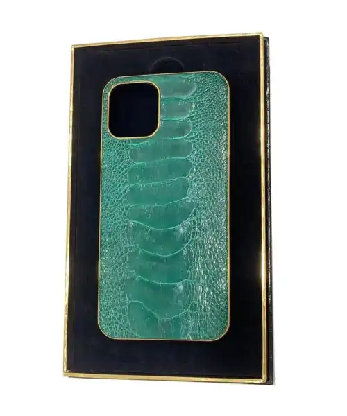 Luxury Gold iPhone 15 Pro and Pro Max Casing with Ostrich Brilliant Green Leather