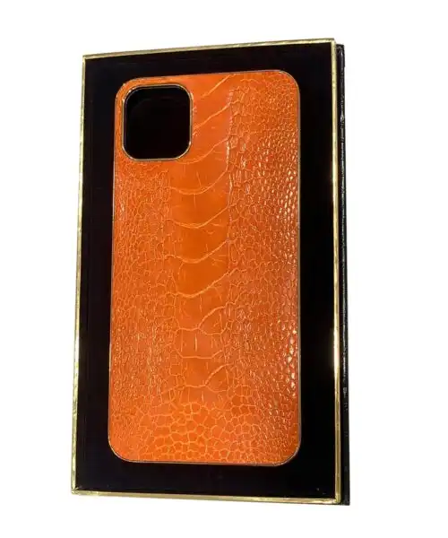 Luxury Gold iPhone 15 Pro and Pro Max Casing with Orange Ostrich Leather