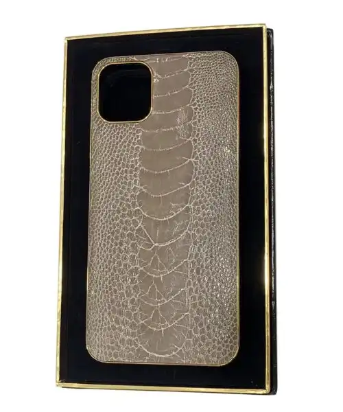 Luxury Gold iPhone 15 Pro and Pro Max Casing with Ostrich Tapestry Grey Leather