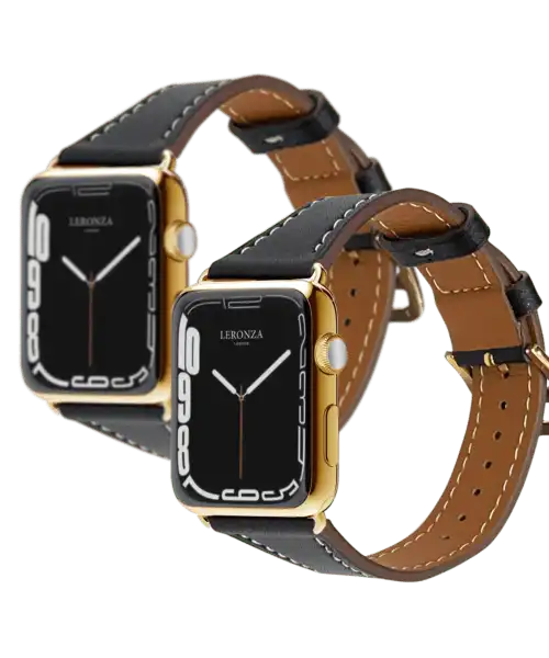 24k gold apple watch series 9 with black leather strap