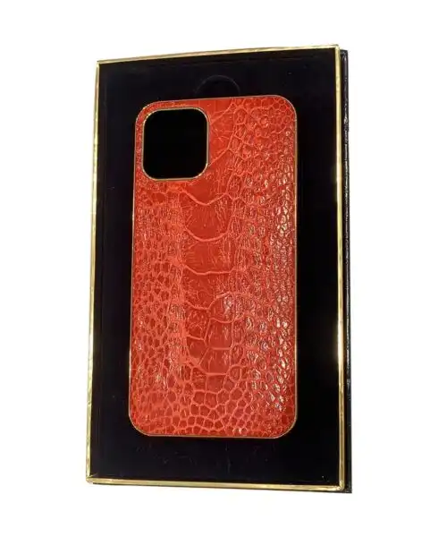 Luxury Gold iPhone 15 Pro and Pro Max Casing with Red Ostrich Kopp Leather