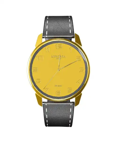 24k Gold Personalized Watch with Black Leather Strap