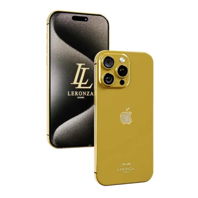 Leronza 24K Gold Apple iPhone 15 Pro Diamond Bezel and Logo