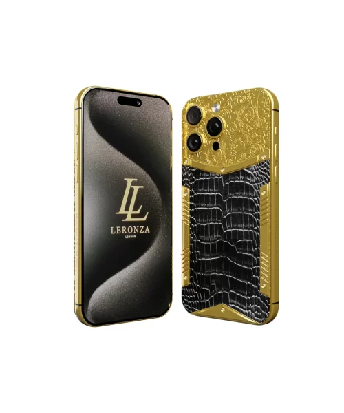 Leronza Luxury Customized 24k Gold iPhone 15 Pro Max with Black Crocodile Leather