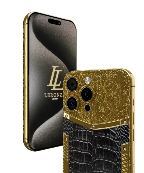 New Leronza Luxury Customized 24k Gold iPhone 15 Pro Max with Black Crocodile Leather