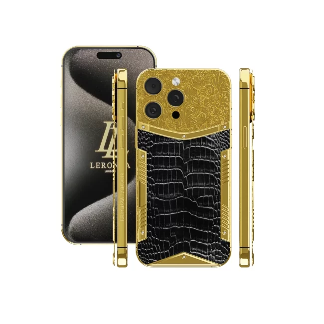 24k Gold iPhone 15 Pro Max with Black Crocodile Leather
