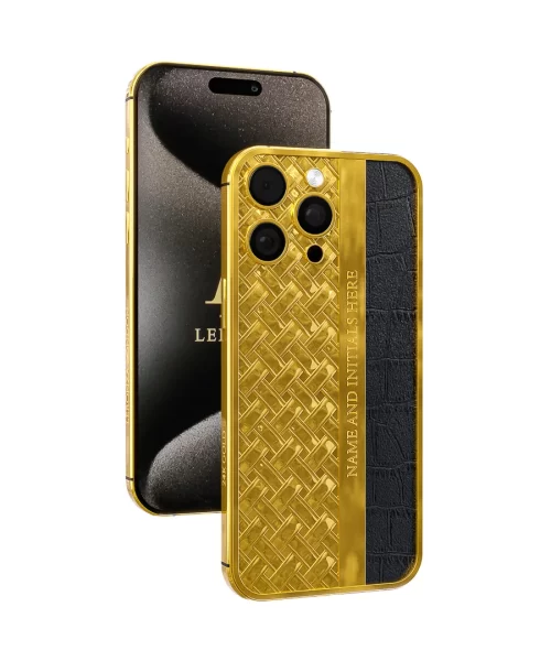 Leronza Luxury Gold 24k iphone 15 pro max knots and leather pattern pure gold tech design customized personalized