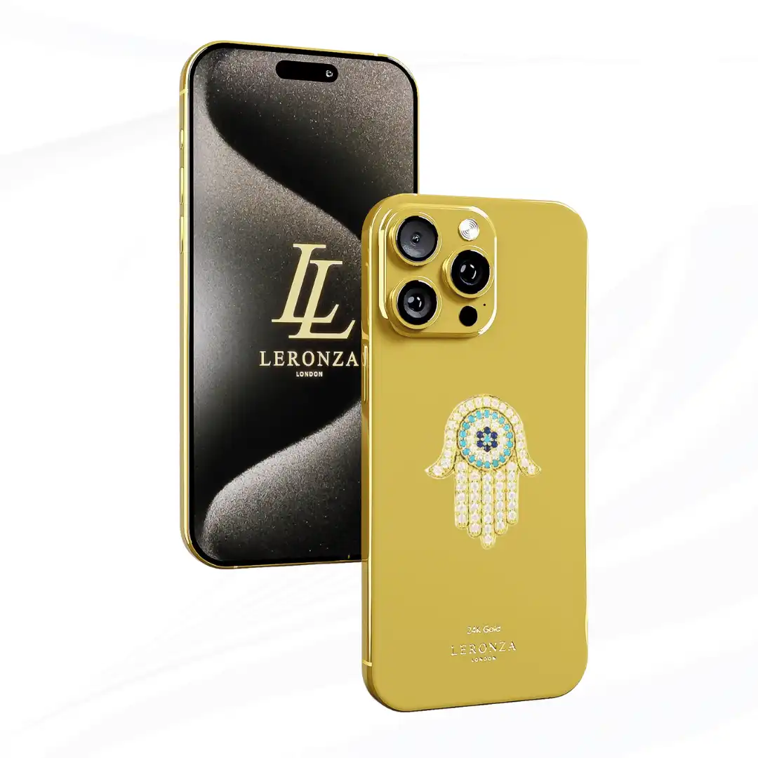 Leronza luxury 24K gold Apple iPhone 15 Pro Max with Hamsa eye blessing Amulet in 18K Solid gold icon charm